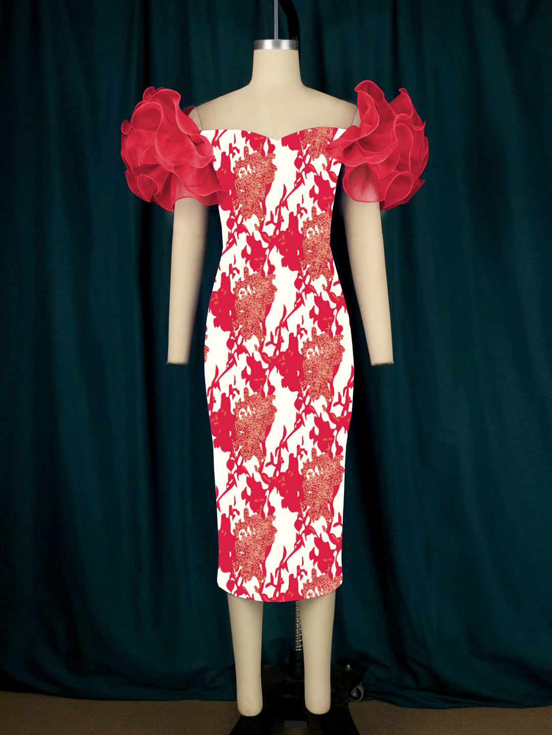 Damen Elegantes Midi-Kleid mit innovativen Puffärmeln und kunstvollem Druck Echo Archiv
