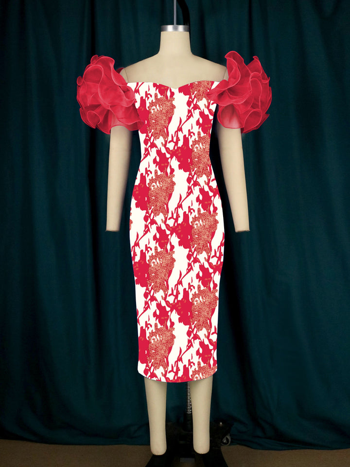 Damen Elegantes Midi-Kleid mit innovativen Puffärmeln und kunstvollem Druck Echo Archiv