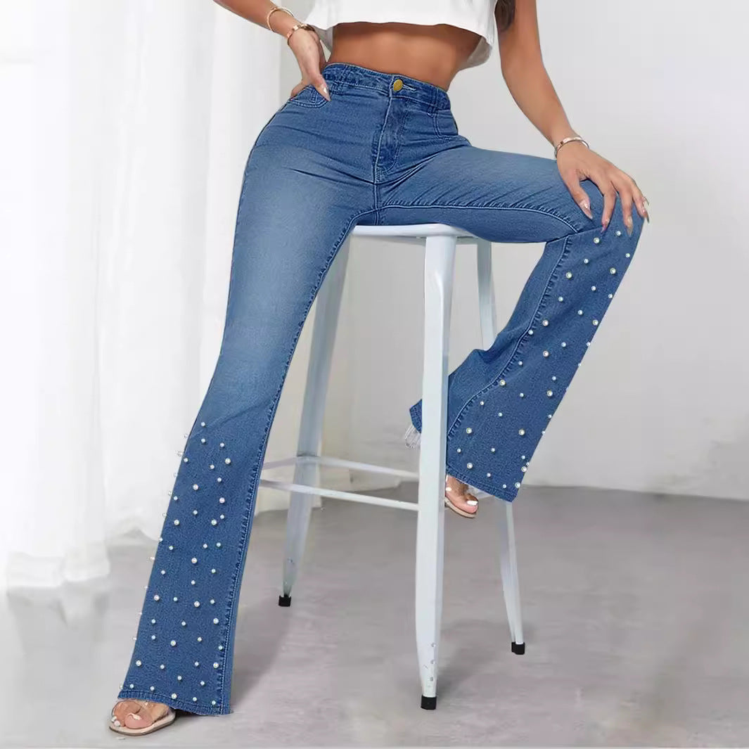 Damen Jeans-Schlaghose mit hoher Taille und Perlenapplikation Echo Archiv