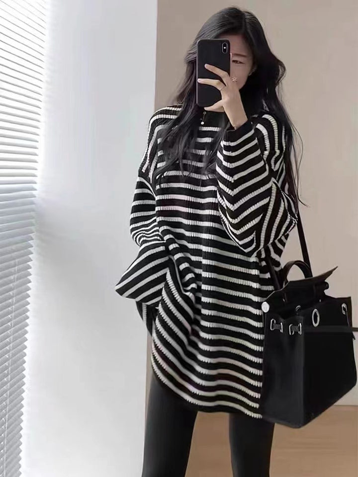 Damen Oversize Strick-Longpullover mit horizontaler Streifenstruktur Echoarchiv