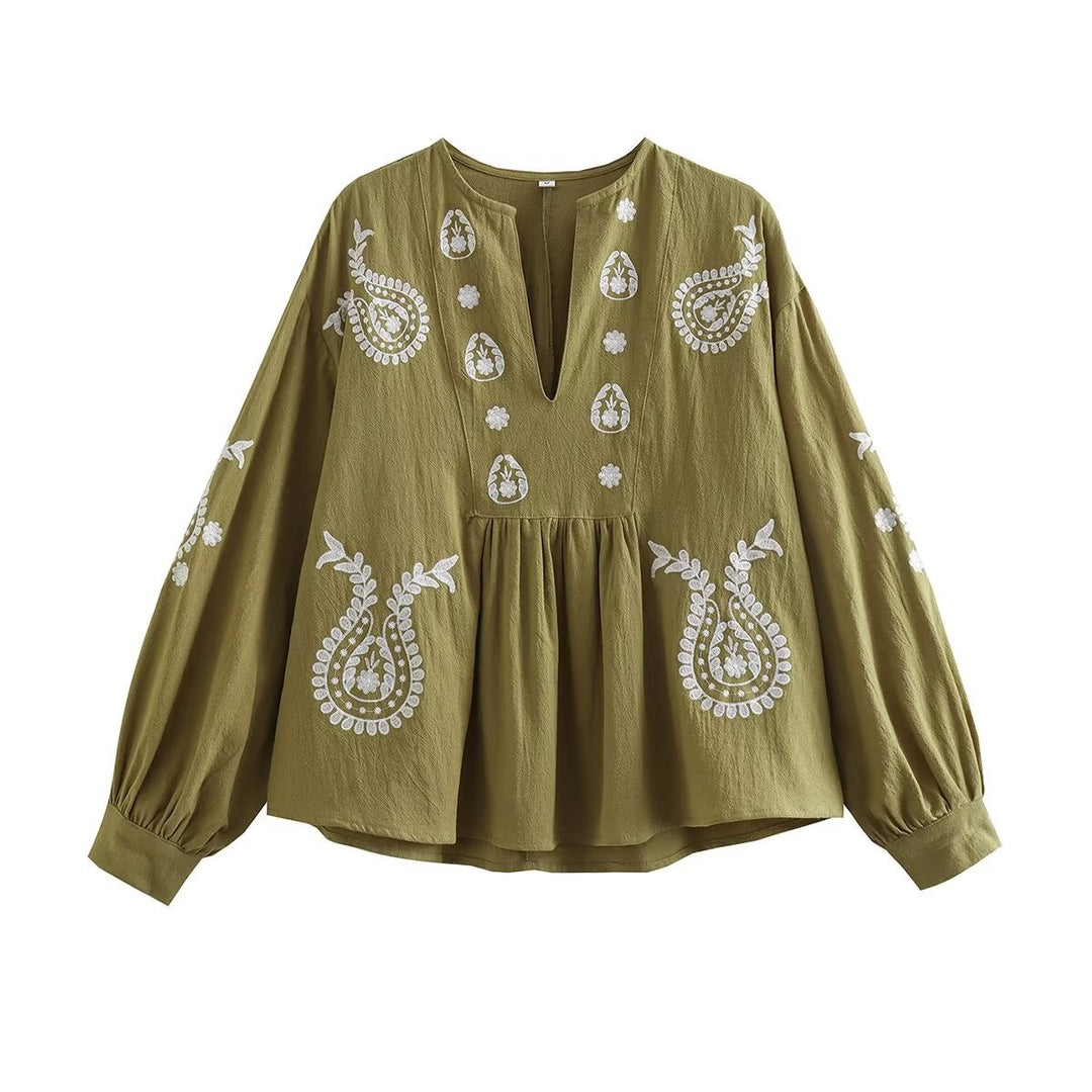 Damen bestickte Baumwoll-Tunika mit weitem Fall, Paisley-Motiven und Ballonärmeln Echo Archiv