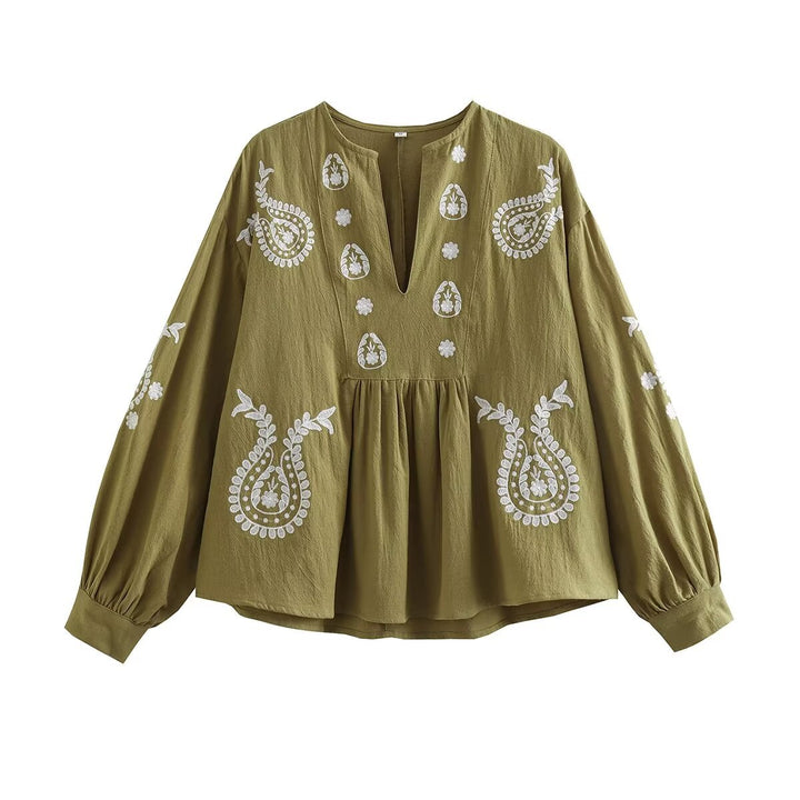 Damen bestickte Baumwoll-Tunika mit weitem Fall, Paisley-Motiven und Ballonärmeln Echo Archiv