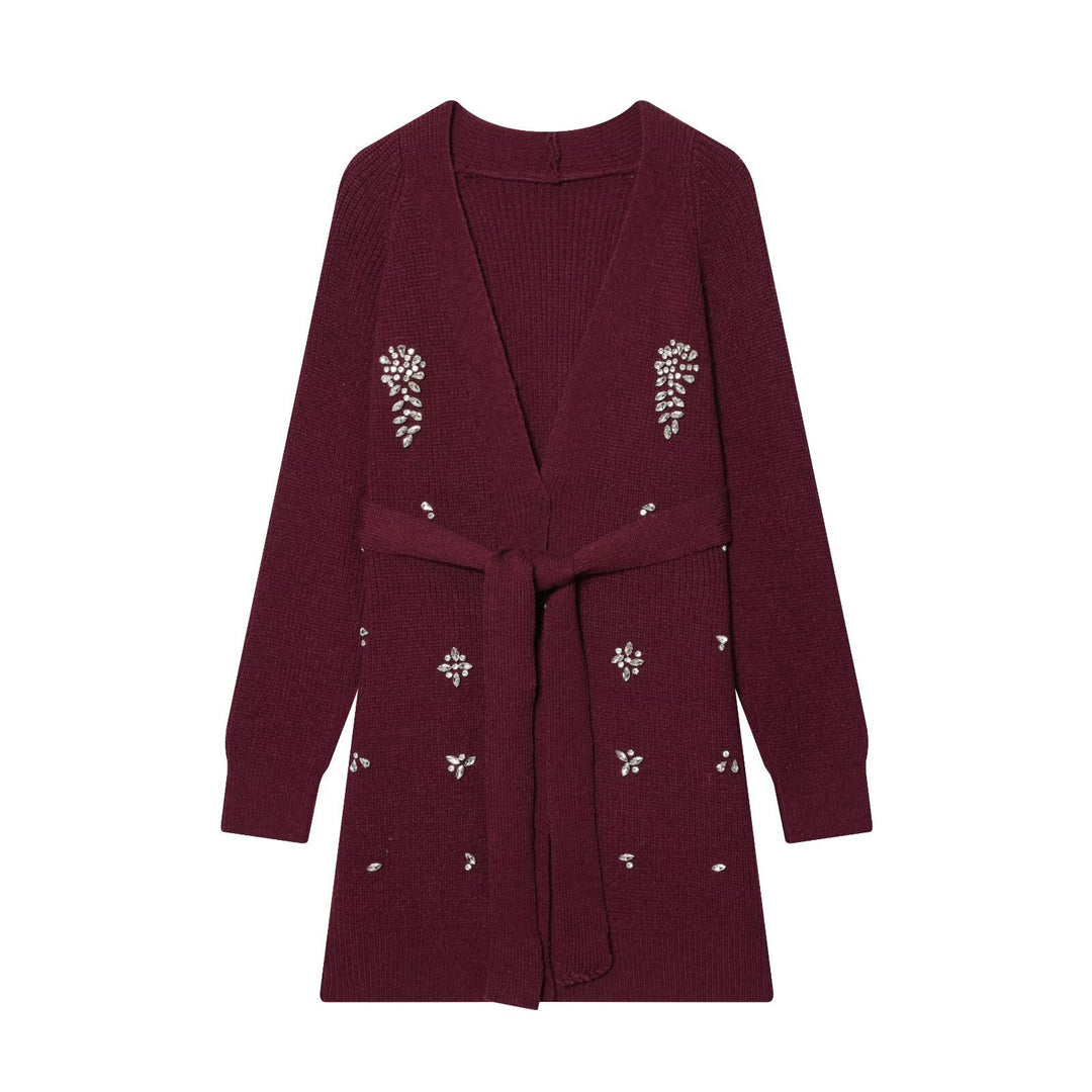 Damen Longcardigan mit Bindegürtel und Schmuckstein‑Applikation Echo Archiv