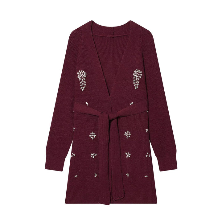Damen Longcardigan mit Bindegürtel und Schmuckstein‑Applikation Echo Archiv