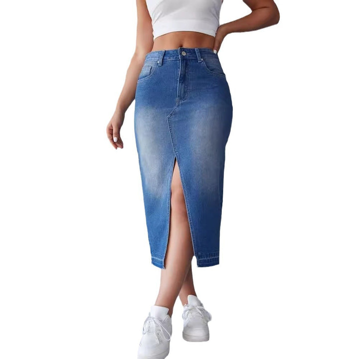 Damen nan figurbetonter Highwaist-Denim-Bleistiftrock mit vorderlichem Oberschenkelschlitz und rohem Saum Echo Archiv