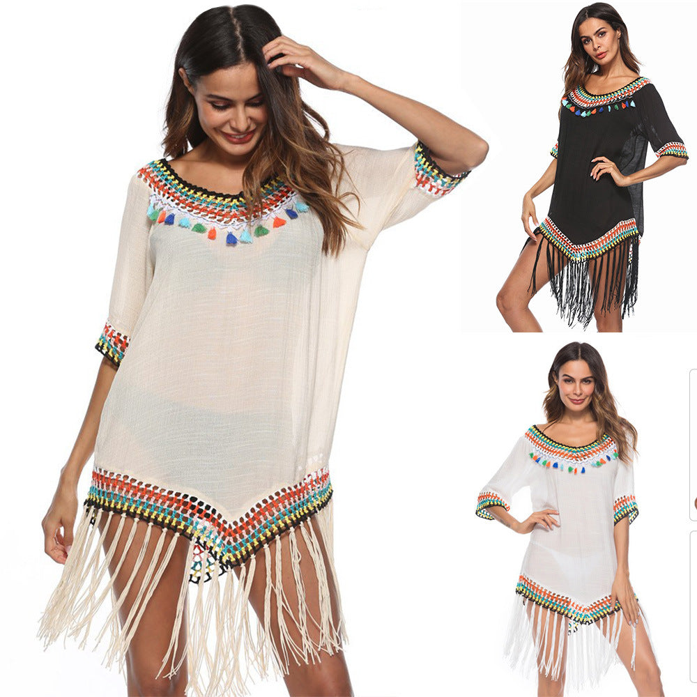 Damen Strandüberwurfkleid mit fransigem Saum und buntem Häkelmuster Echo Archiv