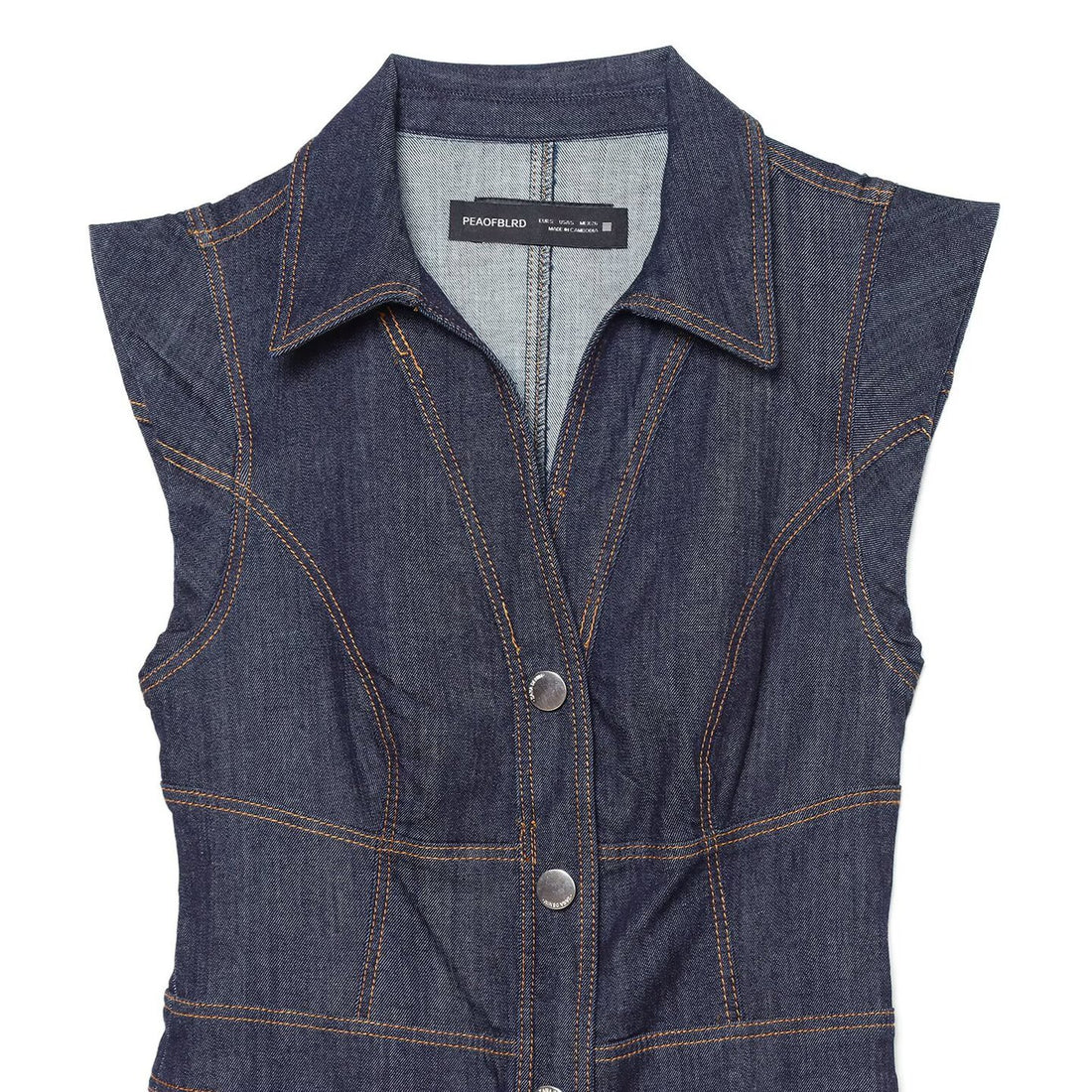 Damen Ärmelloses Jeansmaxikleid mit Hemdkragen, taillierter Silhouette und durchgehender Druckknopfleiste Echoarchiv