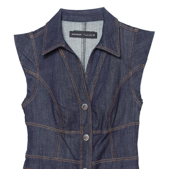 Damen Ärmelloses Jeansmaxikleid mit Hemdkragen, taillierter Silhouette und durchgehender Druckknopfleiste Echoarchiv