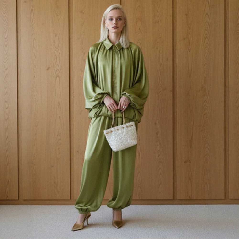 Damen Elegantes Satin-Zweiteiler-Set mit Oversize-Blouson und weiter Palazzo-Hose Echoarchiv