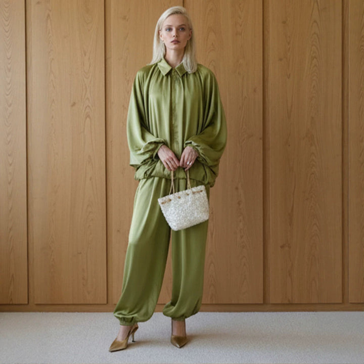 Damen Elegantes Satin-Zweiteiler-Set mit Oversize-Blouson und weiter Palazzo-Hose Echoarchiv