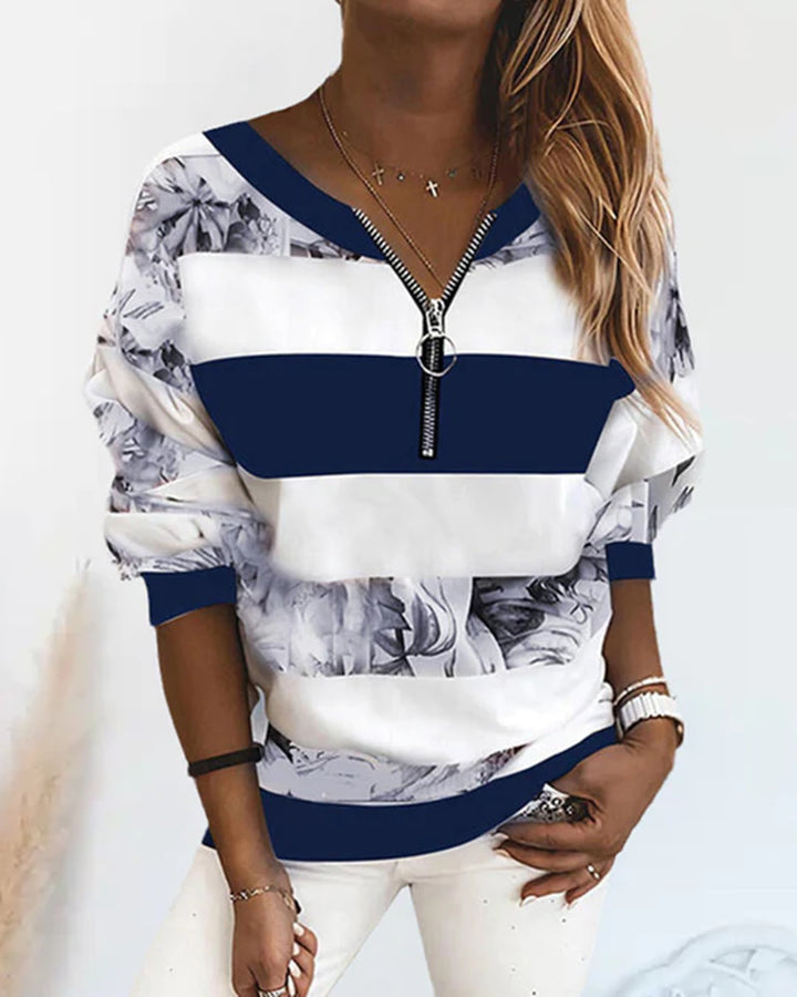 Damen nan weit geschnittenes Sweatshirt mit Ringreißverschluss, Blockstreifen und floralem Einsatz Echo Archiv