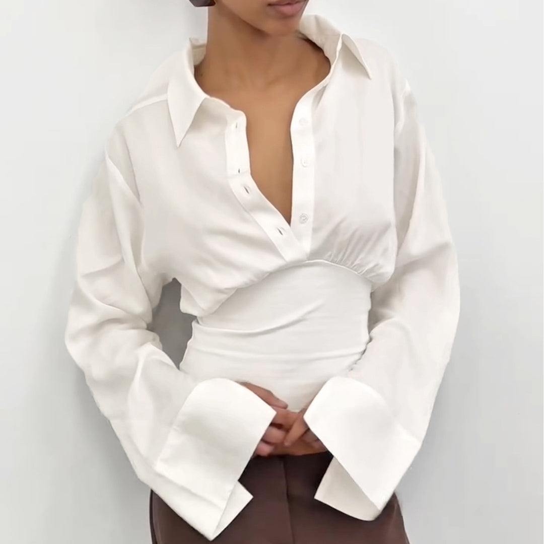 Damen Kurzgeschnittene Hemdbluse mit tailliertem Rippbund, geraffter Brust und Hemdkragen Echo Archiv