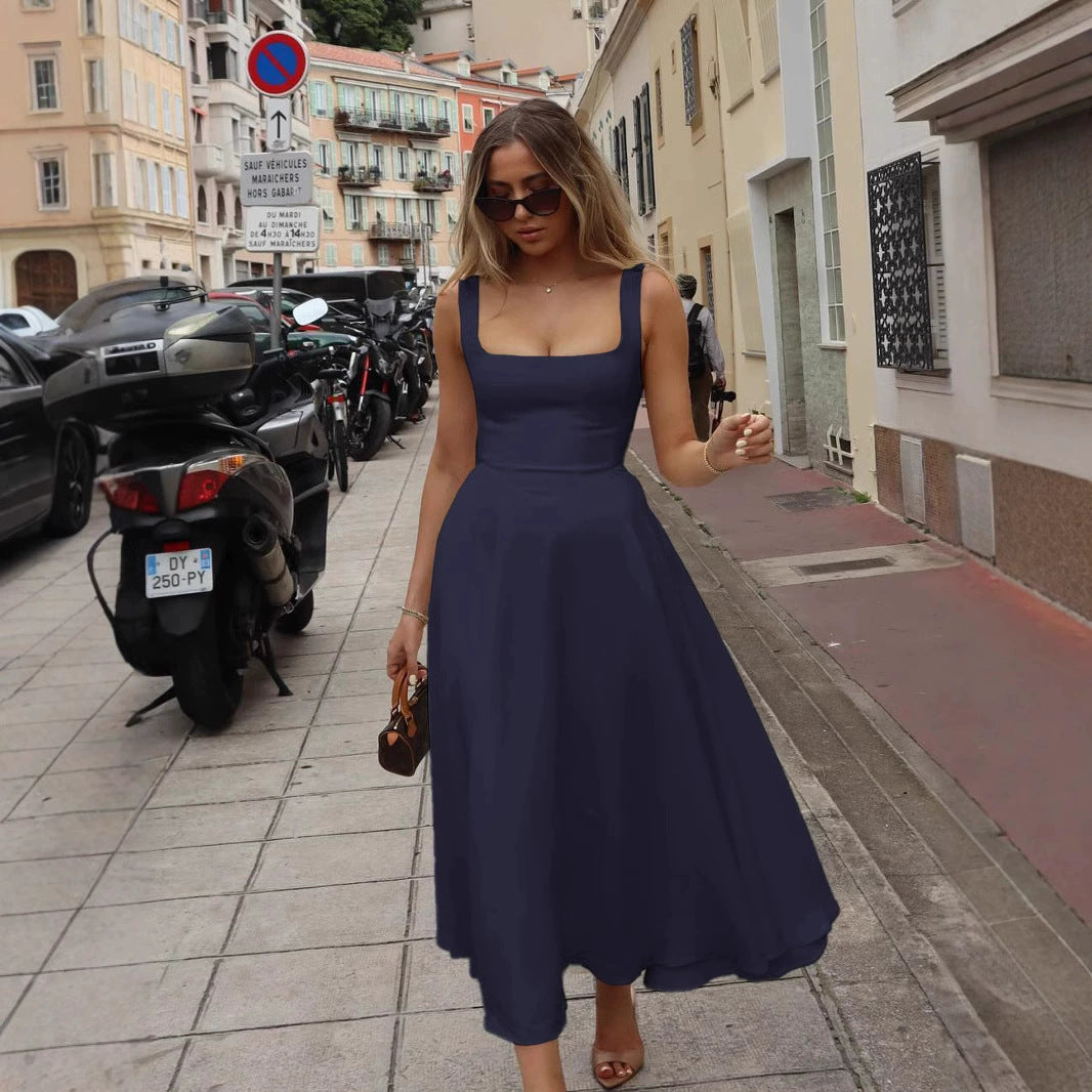 Damen Elegantes Maxikleid mit quadratischem Ausschnitt und fließendem Rock Echoarchiv