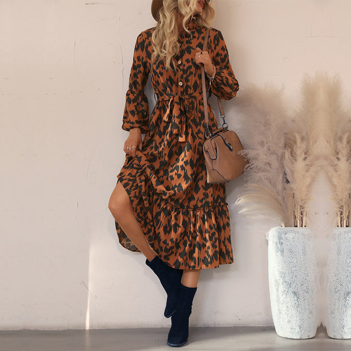 Damen Midikleid mit Animal-Print, Knopfleiste, Taillengürtel und Stufenrock Echoarchiv