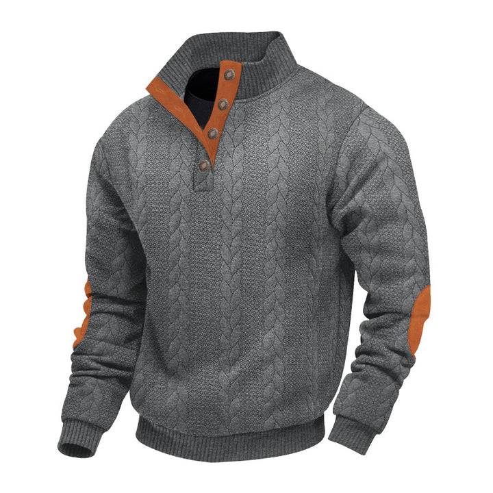 Herren nan strukturiertes Kabelstrick-Henley-Pullover mit Stehkragen und Ellbogenpatches Echo Archiv