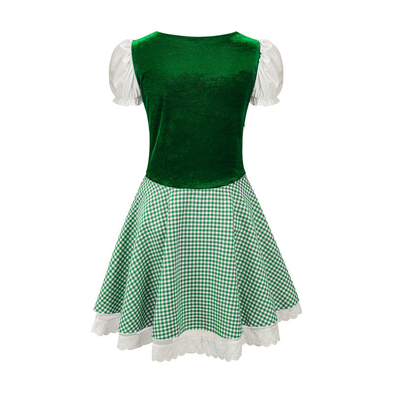 Damen nan bayerisch inspiriertes Mini-Dirndl mit geschnürtem Mieder, Puffärmeln und Vichykaro-Rock Echo Archiv