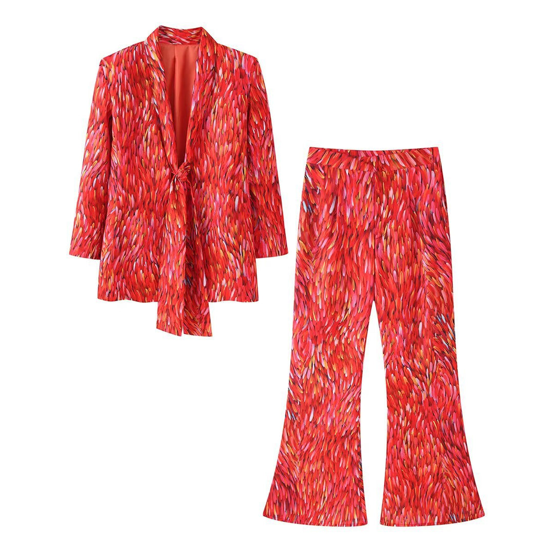 Damen Zweiteiliges Satin-Set mit lockerem Knotenblazer und ausgestellter Schlaghose Echo Archiv
