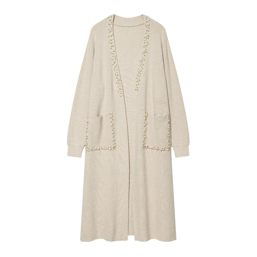 Damen langer Strickcardigan mit Perlenverzierung und aufgesetzten Taschen Echo Archiv