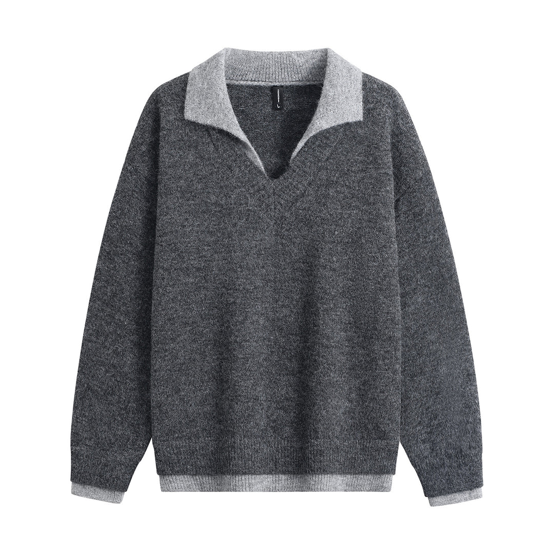 Herren Oversize-Pullover mit kontrastierendem Kragen, V‑Ausschnitt und weichem Fleeceinnenfutter Echoarchiv