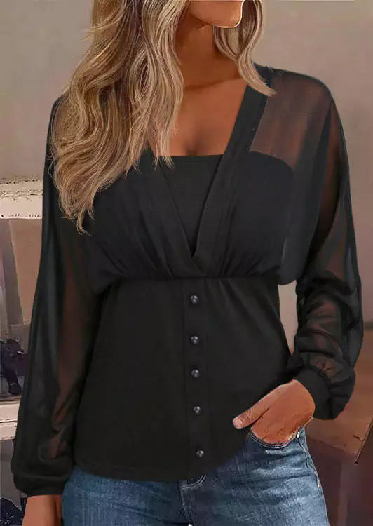 Damen transparentes Chiffon-Blusentop mit Knopfleiste und taillierter Passform – Avérine