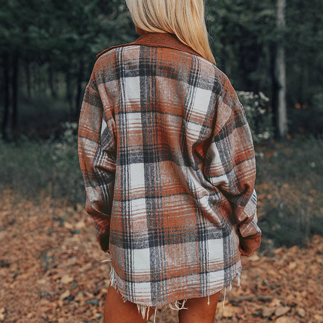 Damen Oversize Strick-Karo-Cardigan mit Cord-Einsätzen und aufgesetzten Taschen – Avérine