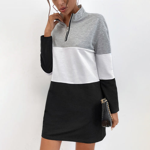 Damen Colorblock-Kurzkleid mit Stehkragen und Halbreißverschluss – Élara