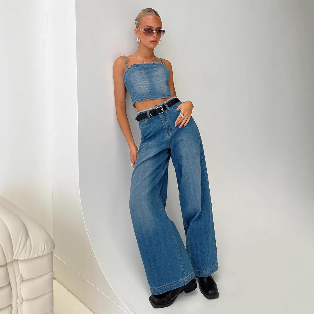 Damen nan hochgeschnittene Weitbein-Jeans mit rohem Bund, extra weitem Bein und Fünf-Taschen-Schnitt Echo Archiv