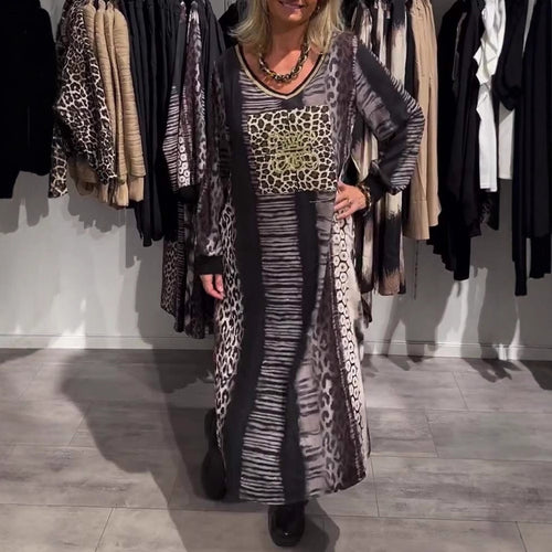 Damen nan fließendes Paneel-Longdress mit Patchwork-Animalprint und goldfarbener Brustapplikation Echo Archiv