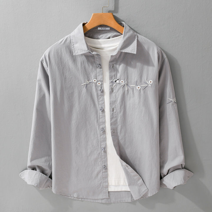 Damen Lockeres besticktes Baumwoll-Overshirt mit Kentkragen und Layering‑Detail Echoarchiv