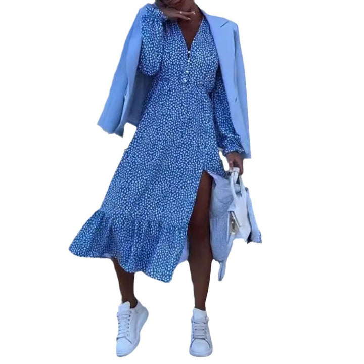 Damen nan Midikleid mit V-Ausschnitt geraffter Taillennaht langen Ärmeln Volant-Saum und seitlichem Beinschlitz Echo Archiv
