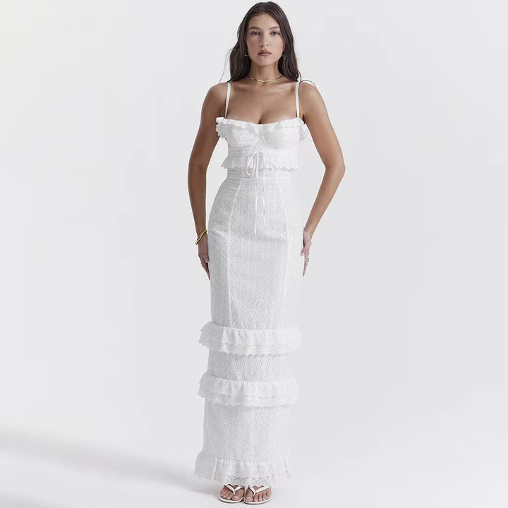 Damen elegantes Spitzen-Maxikleid mit Rüschendetails und schmalen Spaghettiträgern Echo Archiv