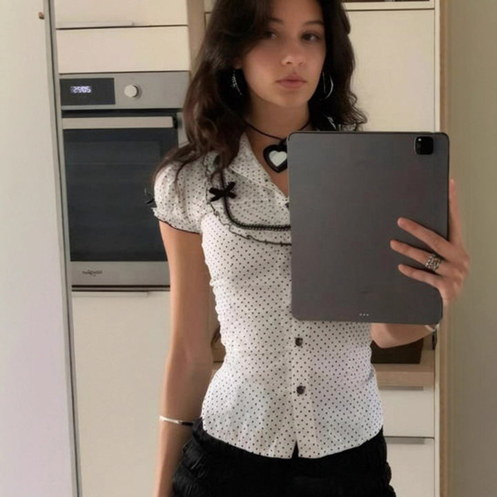 Damen Vintage Polka Dot Bluse mit Puffärmeln Echo Archiv