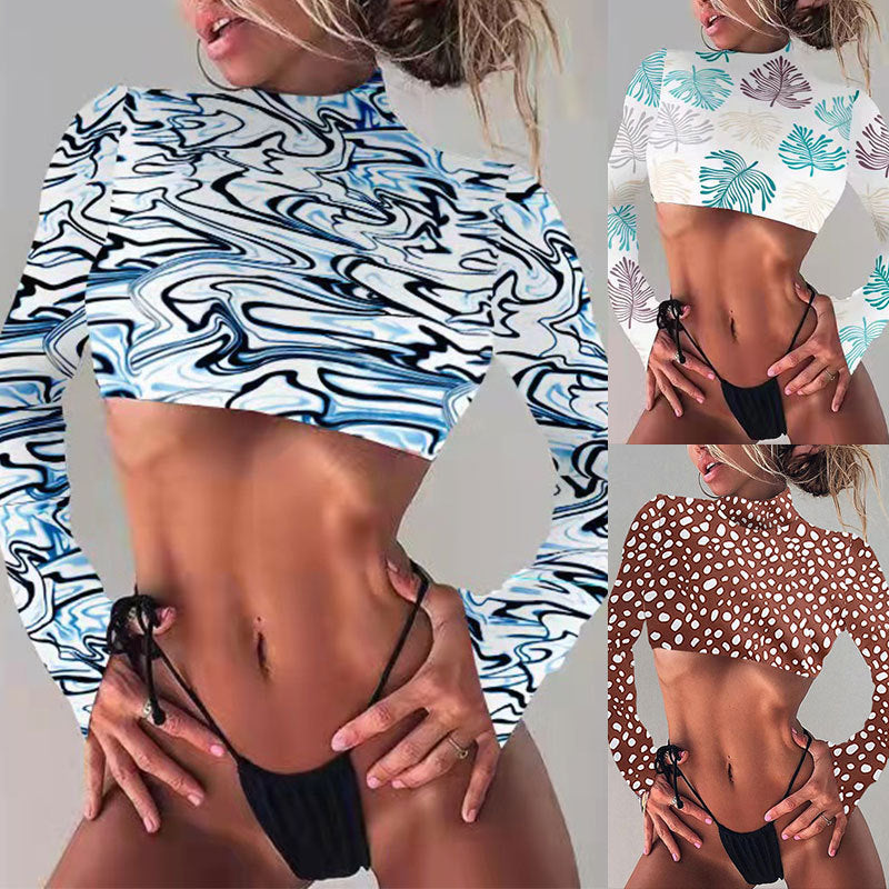 Damen Crop-Top mit langen Ärmeln und exotischem Blattmuster Echo Archiv