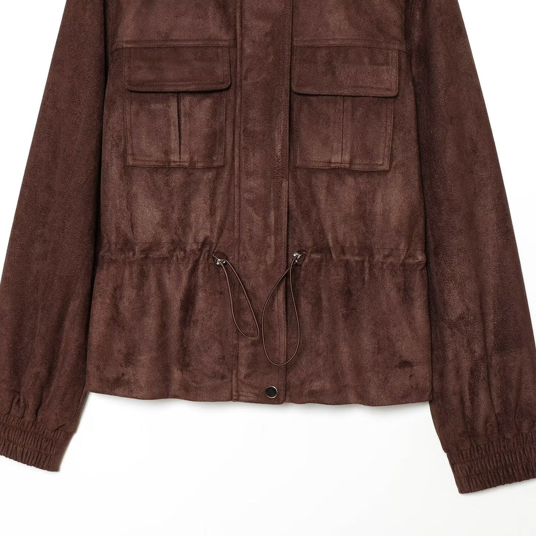 Damen Kurzjacke im Fieldstyle aus Veloursleder‑Optik mit Stehkragen, Brusttaschen und Tunnelzug Echoarchiv