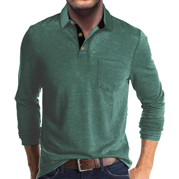 Herren langärmliges Polohemd mit Brusttasche, Kontrastknopfleiste und legerer Stretch-Passform – Cavello