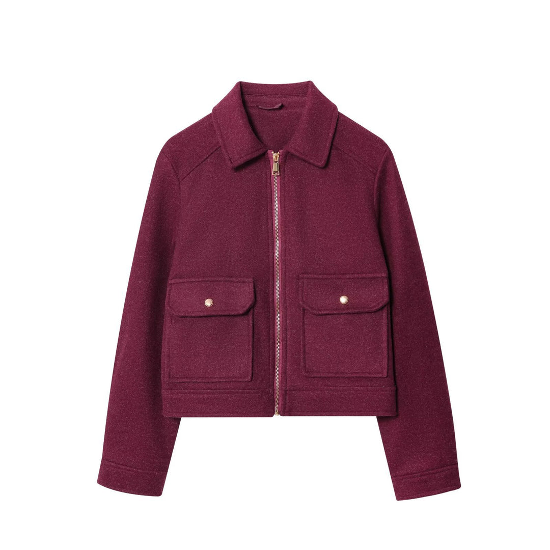 Damen Kurze Boxy‑Jacke in Velourslederoptik mit Stehkragen, Reißverschluss und aufgesetzten Pattentaschen Echoarchiv