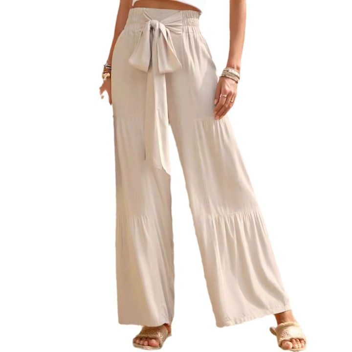 Damen weite Palazzo-Hose mit Paperbag-Bund, Stufendesign und Bindegürtel – Avérine
