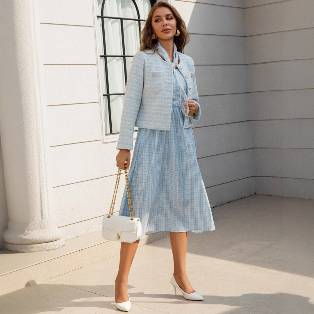 Damen Zweiteiliges Bouclé-Jacken-Set mit tailliertem Gingham-Midikleid Echoarchiv