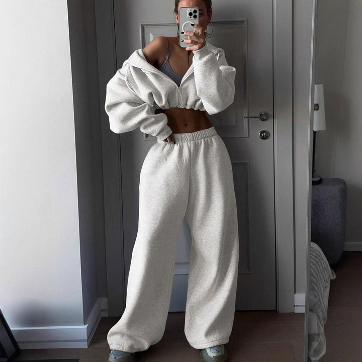 Damen nan kurzes Zip-Hoodie Cropped Sweatshirt mit Kordelzug, angesetzten Ballonärmeln und elastischem Saum Echo Archiv