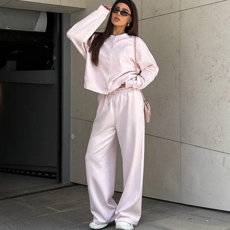 Damen Zweiteiliges Loungewear-Set mit verdeckter Druckknopf-Cardigan und weiten High-Waist Jogpants – Élanora