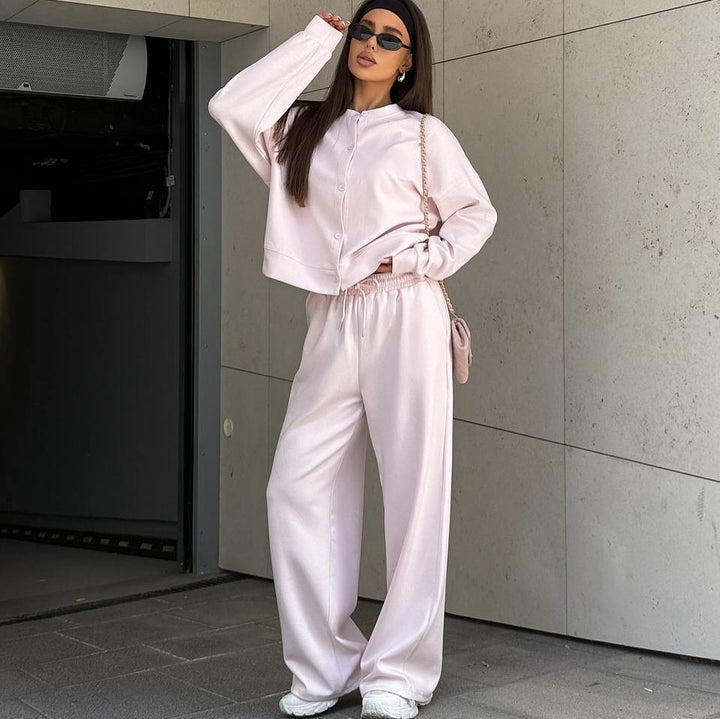 Damen Zweiteiliges Loungewear-Set mit verdeckter Druckknopf-Cardigan und weiten High-Waist Jogpants – Élanora