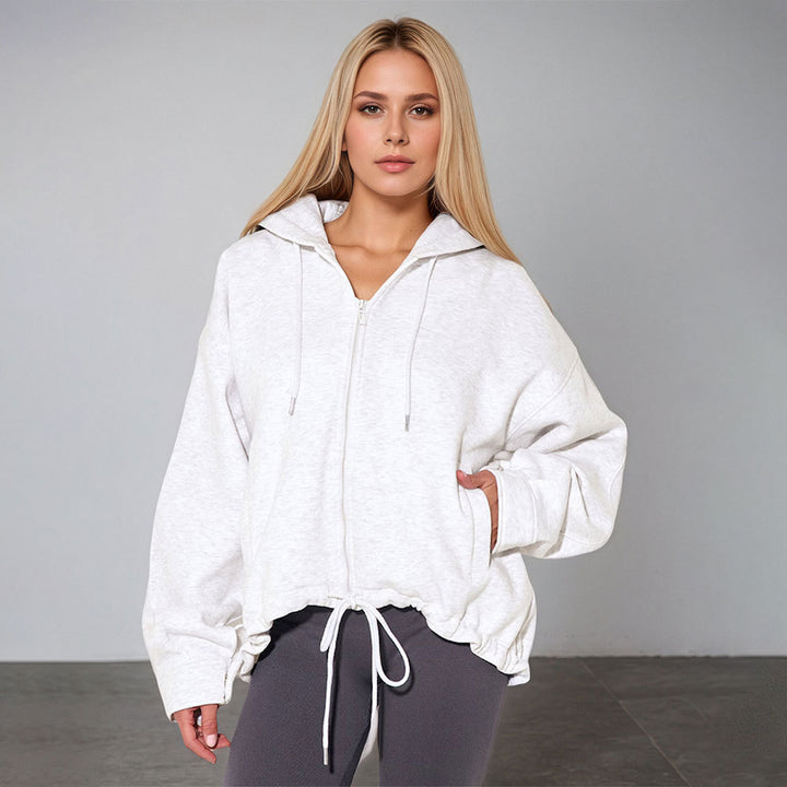 Damen oversized Kapuzenjacke mit Reißverschluss, Tunnelzug-Saum und Kängurutaschen – Auréline