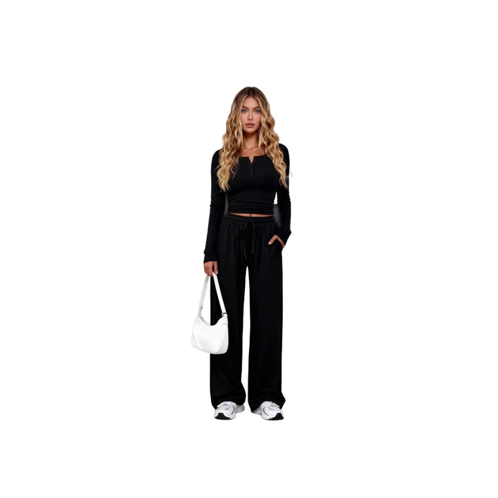 Damen Lounge-Set aus Feinstrick mit Henley-Oberteil und weiten Palazzo-Hosen – Élanora