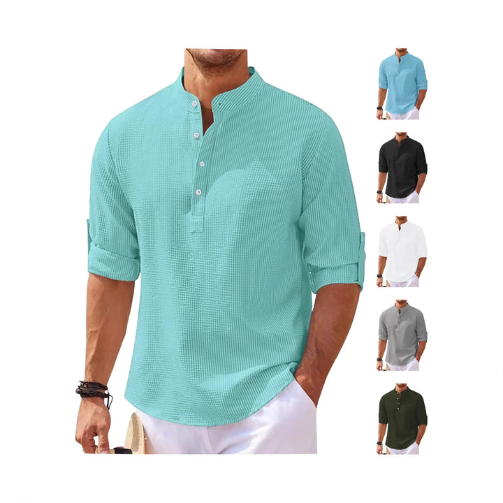 Damen nan oversized Langarm-Henley mit Stehkragen Waffelstruktur und Ärmelsicherung Echo Archiv