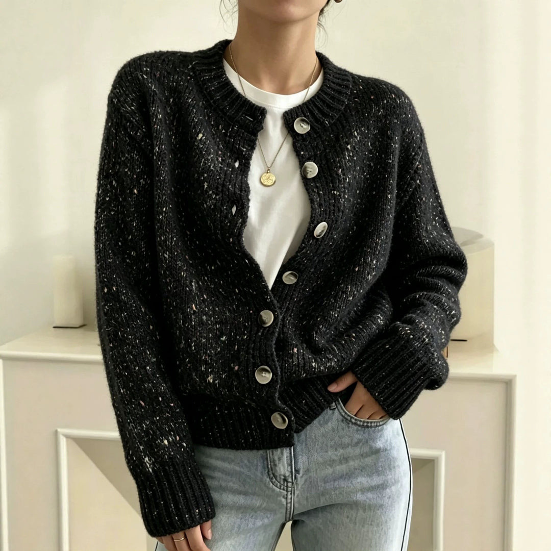Damen Grobgestrickter Kurzcardigan mit Rundhalsausschnitt und meliertem Tweed-Effekt – Veloura