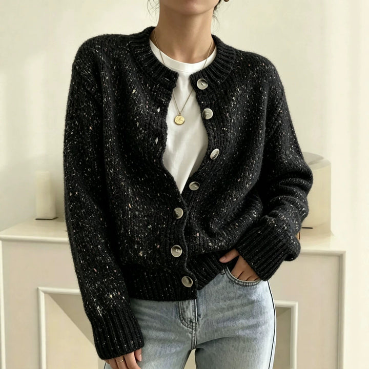 Damen Grobgestrickter Kurzcardigan mit Rundhalsausschnitt und meliertem Tweed-Effekt – Veloura
