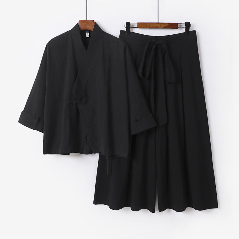 Damen Leichtes Kimono-Loungewear-Set mit V-Ausschnitt dreiviertelärmeln und weiten Palazzo-Hosen Echoarchiv