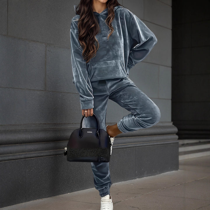Damen Samt-Jogginganzug mit Kapuzenhoodie, Kängurutasche und elastischer Bündchenhose Echoarchiv