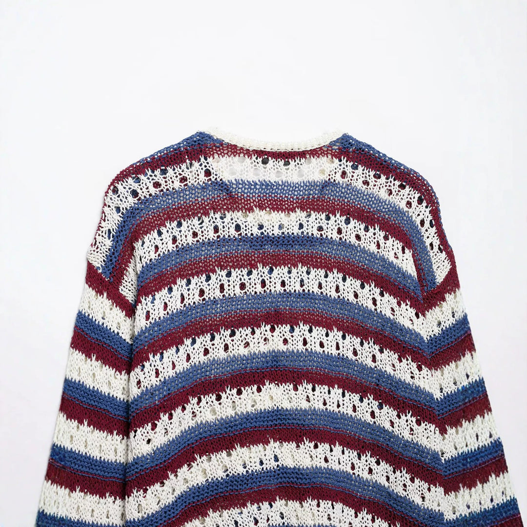 Damen gestrickte Cardigan im Ajour‑Streifenmuster mit Knopfleiste und Rundhalsausschnitt Echo Archiv
