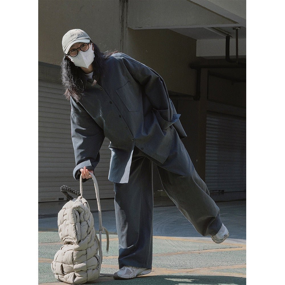 Damen Oversize-Hemdjacke mit kastiger Silhouette und High-Waist Elastbund-Hose im Set Echoarchiv